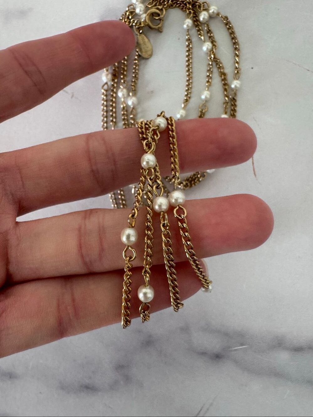 Park lane necklace miniature dainty pearl on long gold strand chain